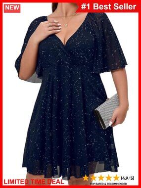 Plus Size Sequin V-Neck Flutter Sleeve Mini Skater Party Dress